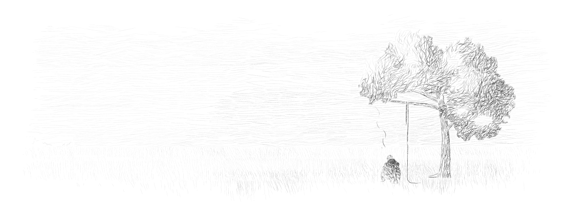 A pencil drawing of a tree with a rope swing over a meadow, someone sitting in the grass beside it